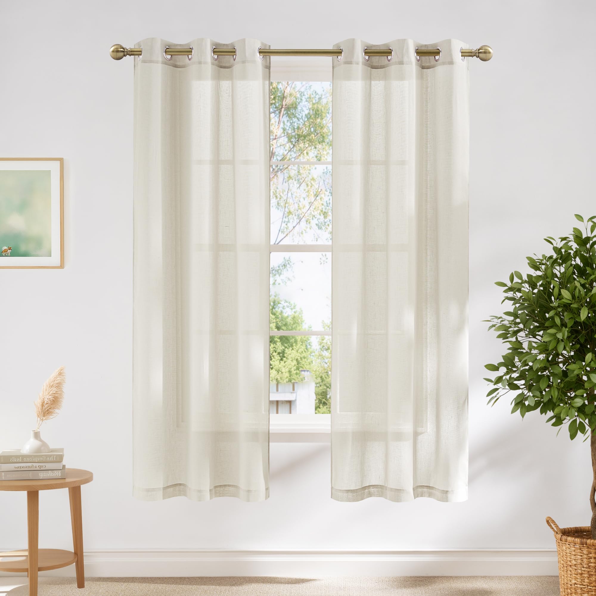 NICETOWN Linen Textured Semi Sheer Curtains 84 inches Length, Eyelet Top Bedroom Window Privacy Translucent Light Filtering Flax Sheer Drapes for Guest Room, 52 inches Wide, 2 Panels, Sea Mist