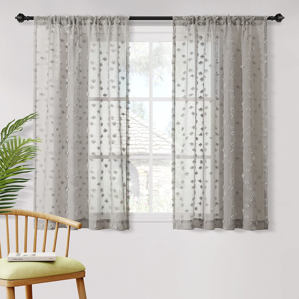 2 Panels 52"W x 84"L Dusty Rose Pom Pom Sheer Curtains Rod Pocket Light Filtering Boho Window Drapes for Girls Bedroom Nursery Kids Room