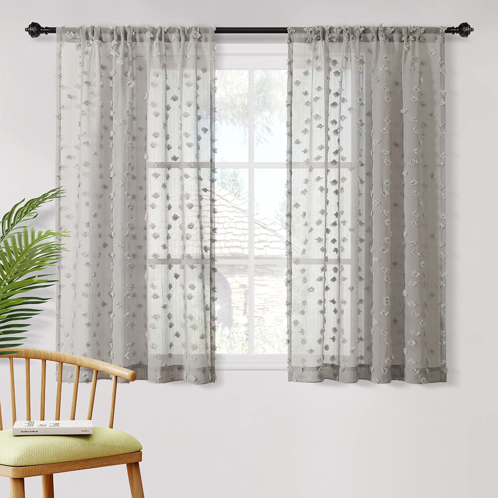 2 Panels 52"W x 84"L Dusty Rose Pom Pom Sheer Curtains Rod Pocket Light Filtering Boho Window Drapes for Girls Bedroom Nursery Kids Room