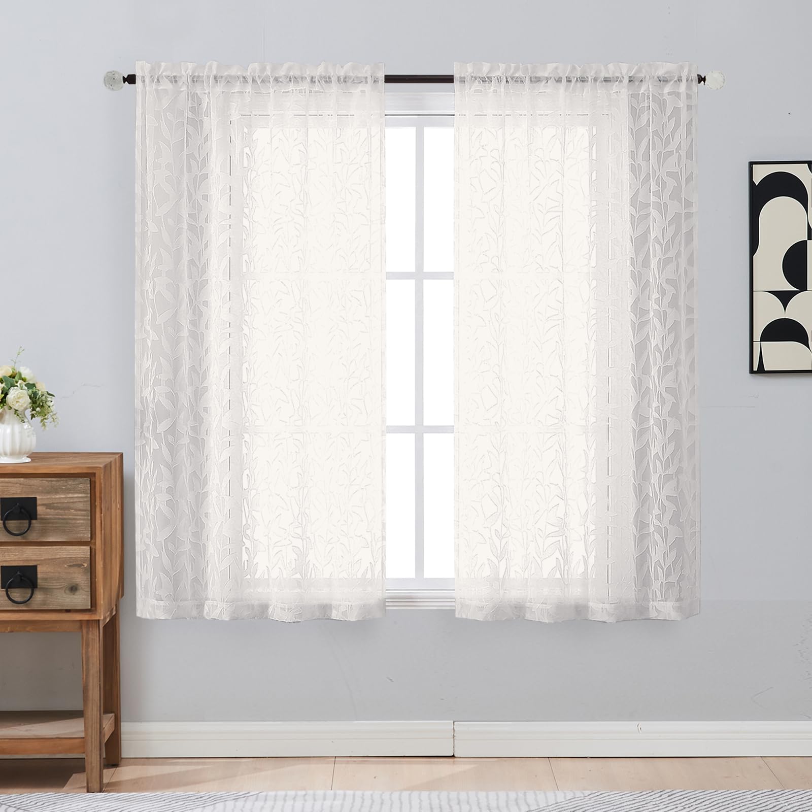 Gwine Sage Green Curtains 84 Inches Long 2 Panels Set, Light Filtering Soft Lightweight Sheer Curtains, Leaf Clip Jacquard Textured Curtain for Bedroom Living Room, 42Wx84L Inches, 2PCS