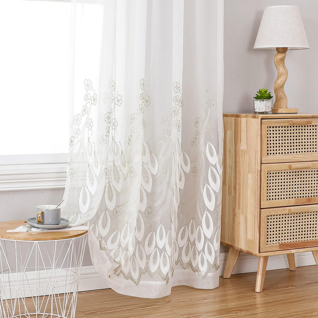 VISIONTEX 2 Panels Sheer Curtains 84 Inches Long, Cream Beige Floral Leaf Embroidered Semi Sheer Voile Curtains, Rod Pocket Light Filtering Window Drapes for Bedroom Living Room 54W x 84L