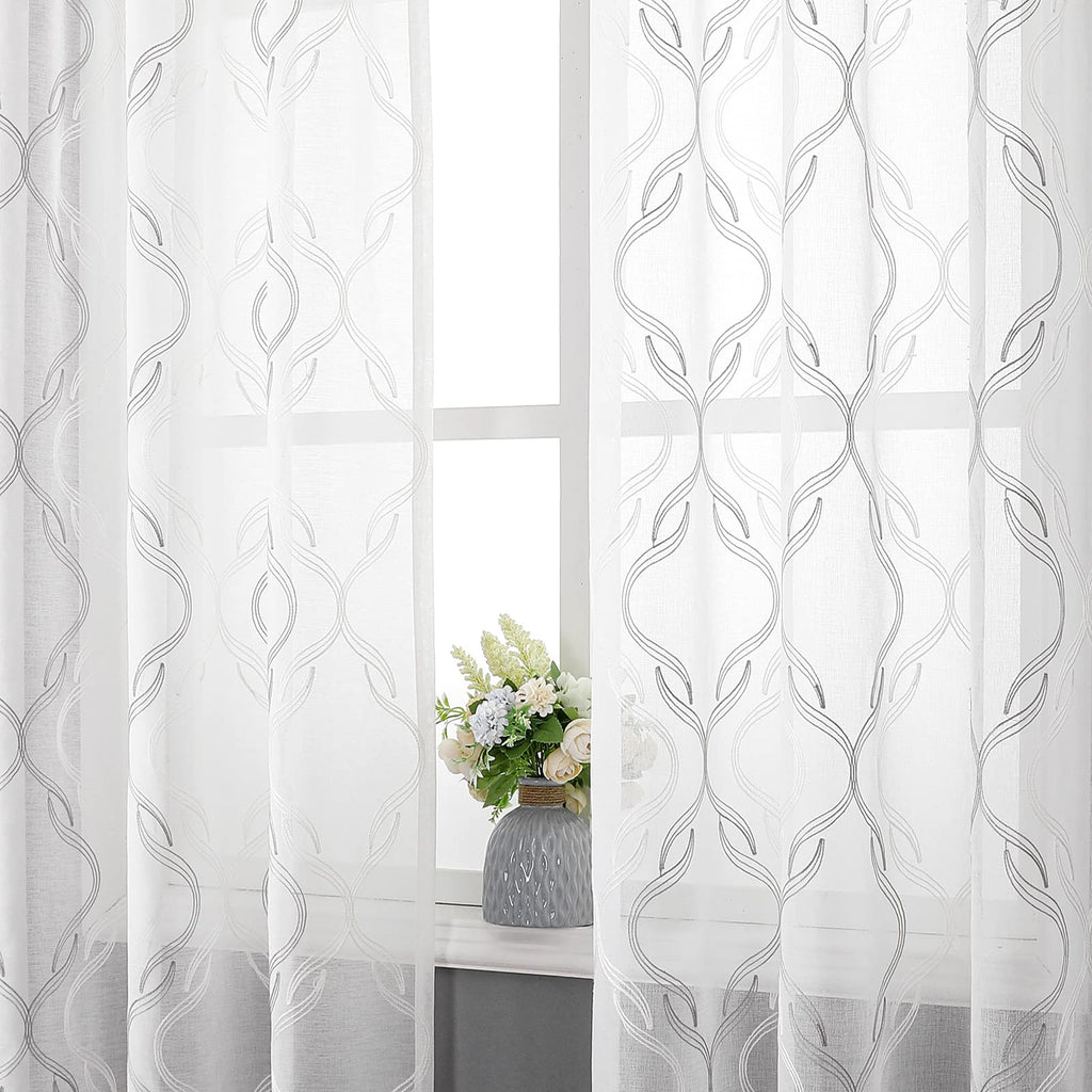 VISIONTEX White Sheer Curtains 84 Inches Long 2 Panels, Light Filtering Grey Moroccan Trellis Embroidered Semi Sheer Voile Drapes, Rod Pocket Textured Window Curtain for Bedroom Living Room 54W x 84L