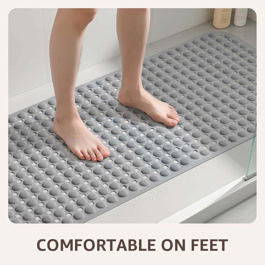 35x16 Inch Grey Non Slip Bathtub Shower Mat with Suction Cups Drain Holes Foot Scrubber Machine Washable Bathroom Floor Liner
