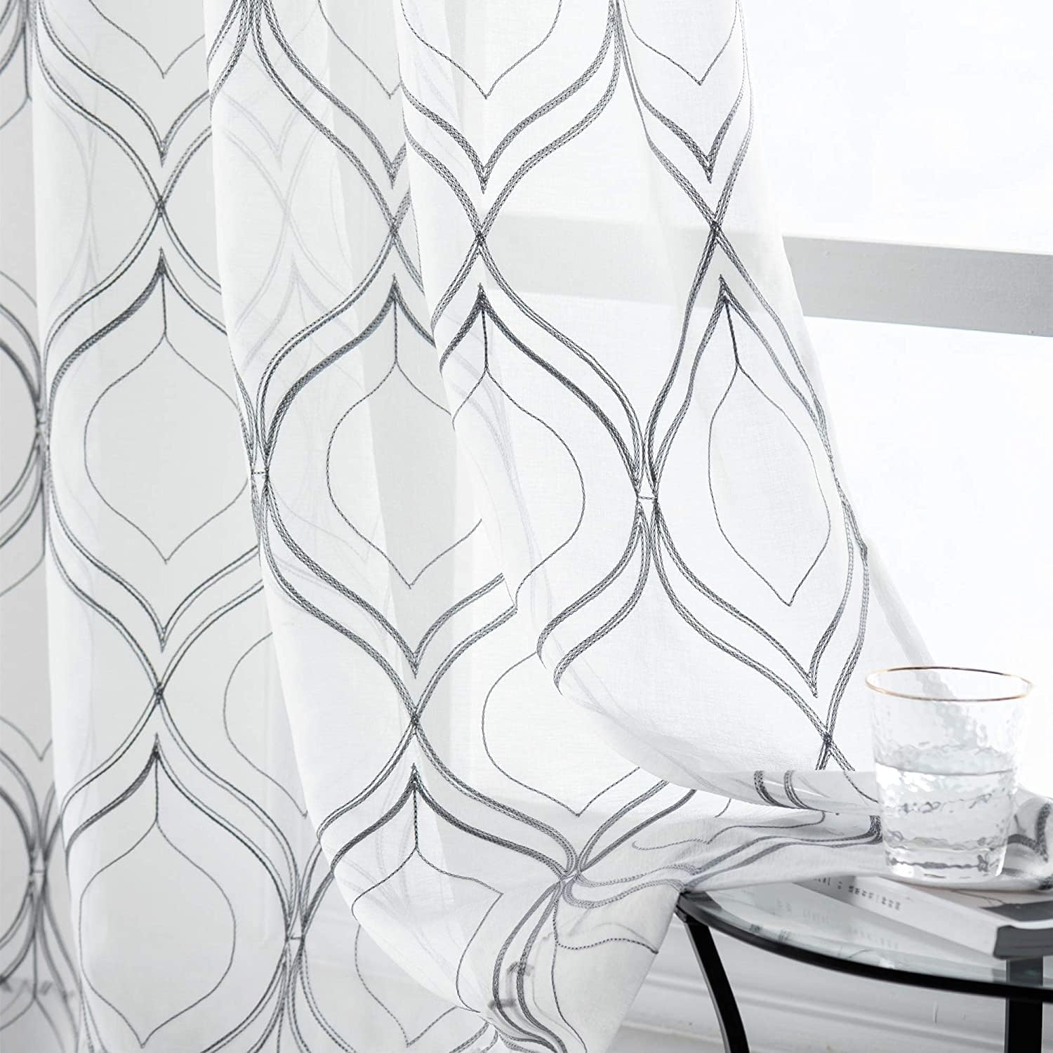 VISIONTEX White Sheer Curtains 84 Inches Long 2 Panels, Light Filtering Grey Moroccan Trellis Embroidered Semi Sheer Voile Drapes, Rod Pocket Textured Window Curtain for Bedroom Living Room 54W x 84L