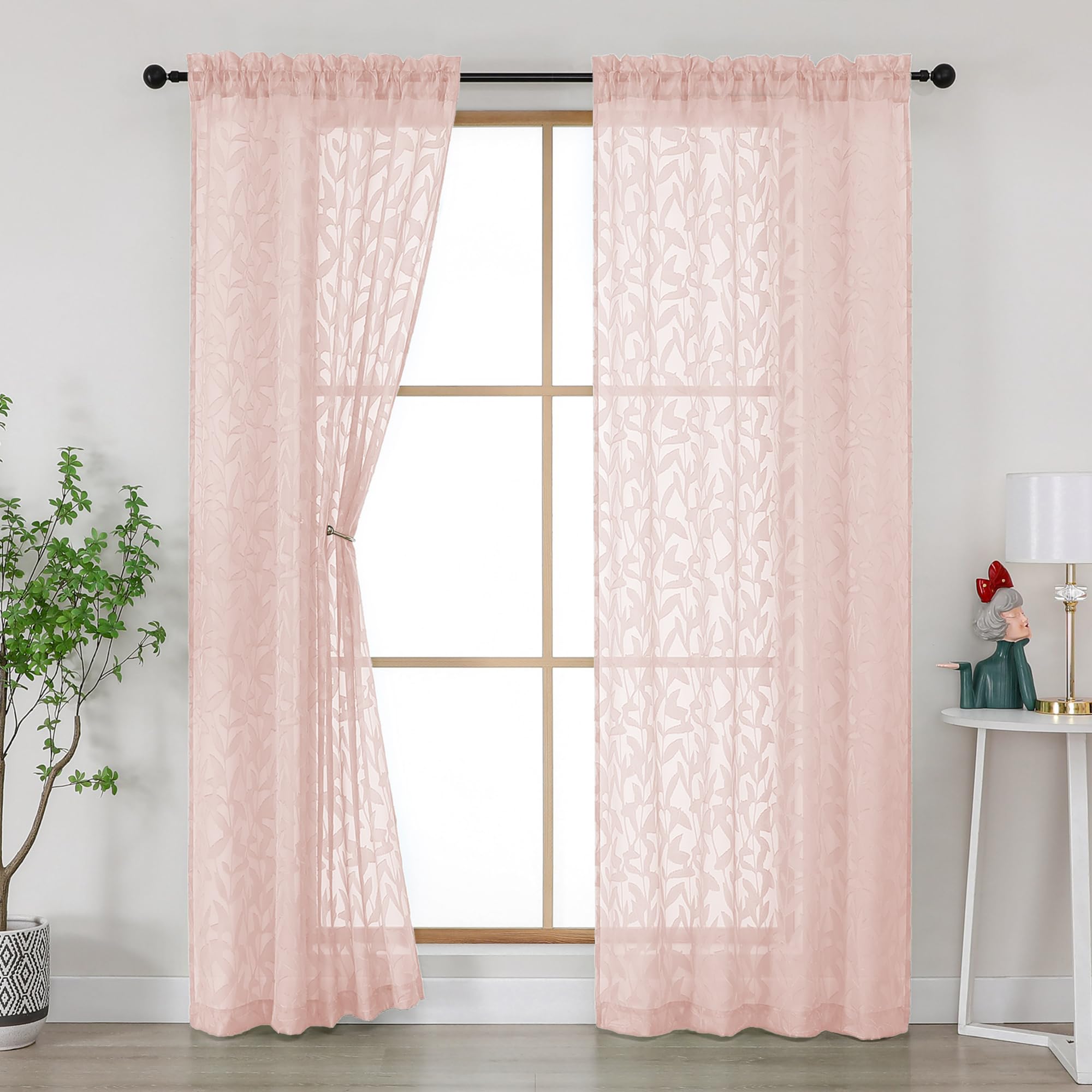 Gwine Sage Green Curtains 84 Inches Long 2 Panels Set, Light Filtering Soft Lightweight Sheer Curtains, Leaf Clip Jacquard Textured Curtain for Bedroom Living Room, 42Wx84L Inches, 2PCS