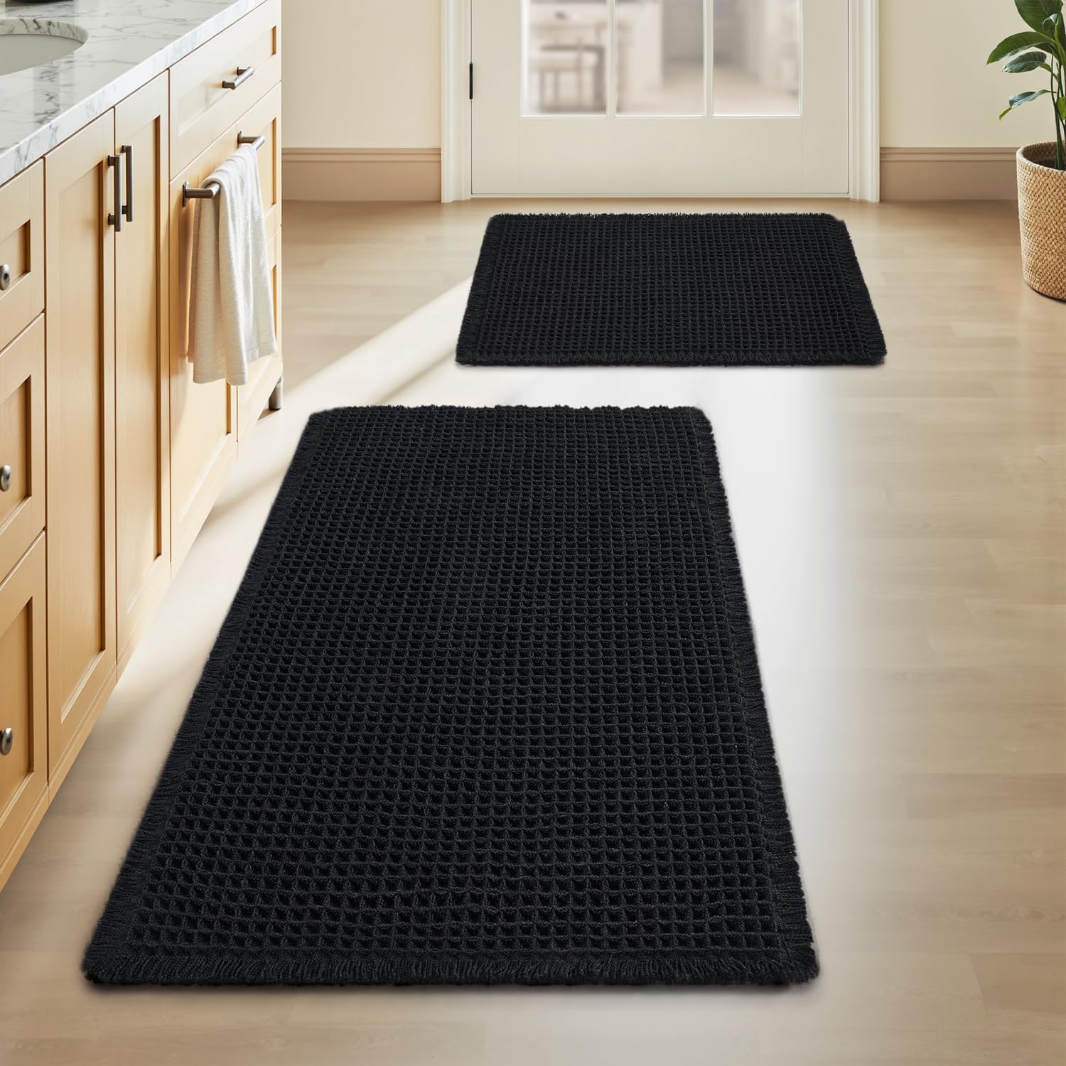AMOAMI Upgraded Waffle Bath Mat, Super Absorbent Non Slip Bath Mats for Bathroom Floor, Machine Washable Bathroom Rugs with Tassels, Rubber Backed Bathroom Mats, Ultra Soft, 17" x 24", Brown