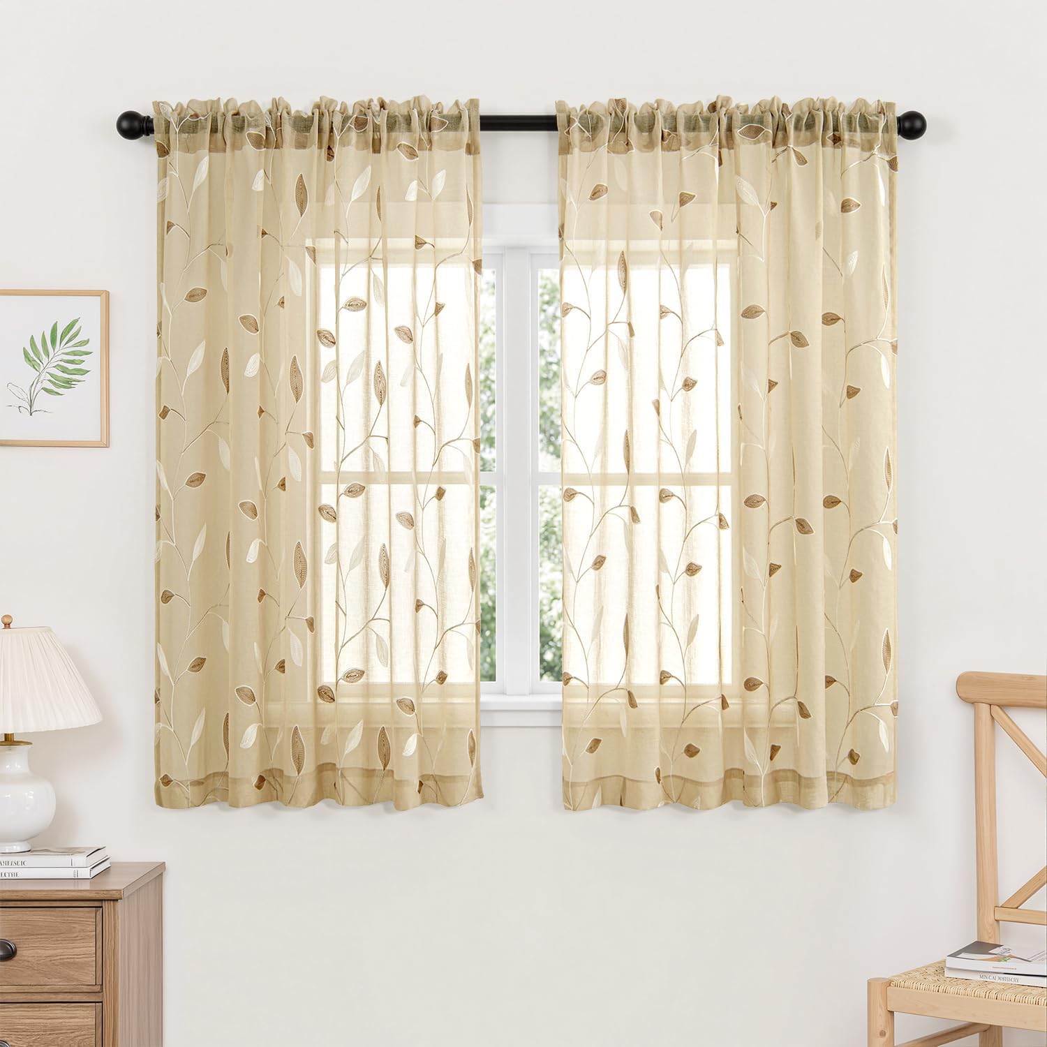 MIULEE Sage Green Sheer Curtains 2 Panels Embroidered Leaf Patterned Rod Pocket Floral Semi Sheer Faux Linen Window Curtains Drapes Set for Living Room Bedroom Dining Room, 52x84 Inches Long