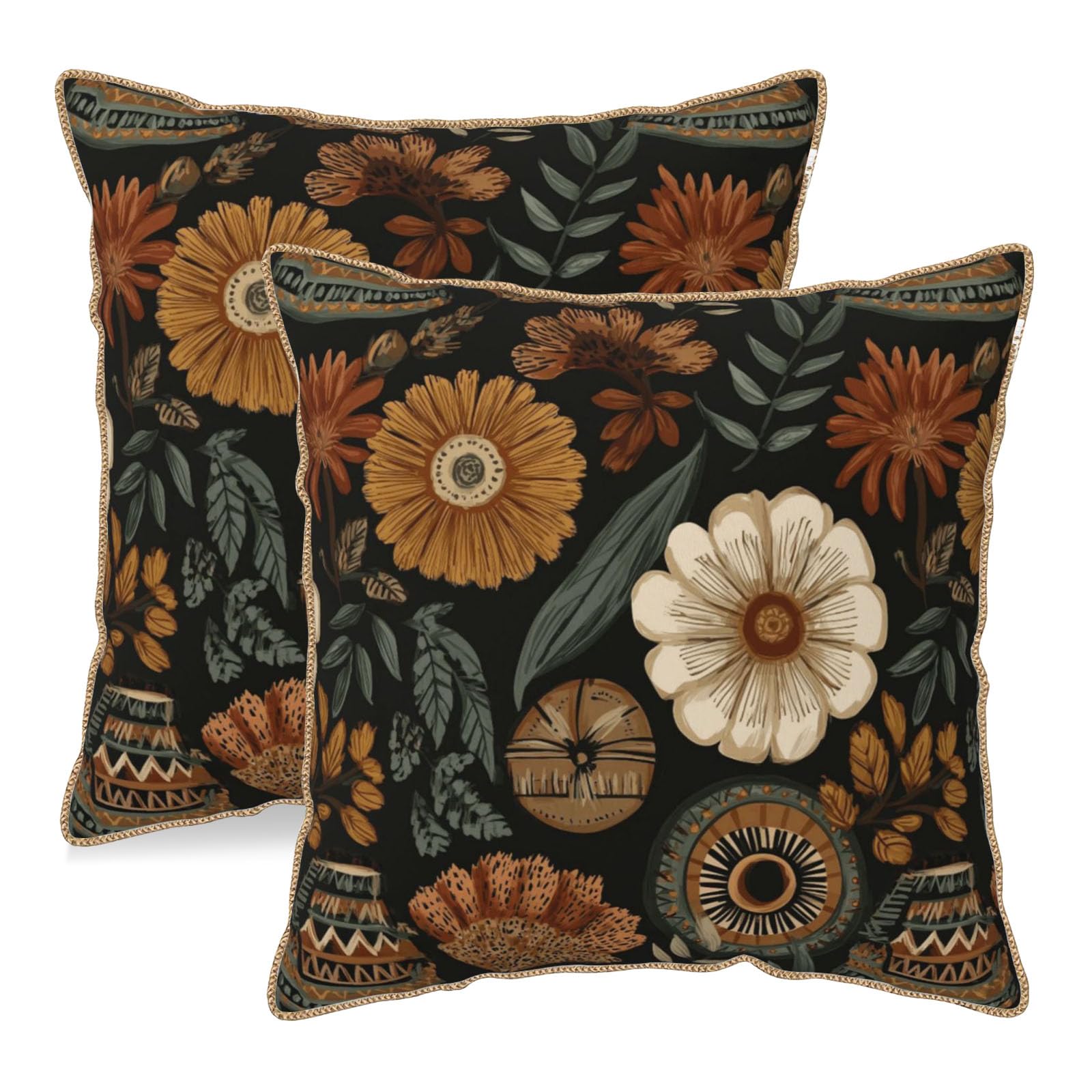 Vintage Floral Soft Velvet Throw Pillow Covers Set of 2 Burnt Orange Navy Flowers Plant Decorative Pillow Covers 18x18 Inch Art Botanical Pillow Case For Sofa Couch Outdoor Farmhouse Home Decor