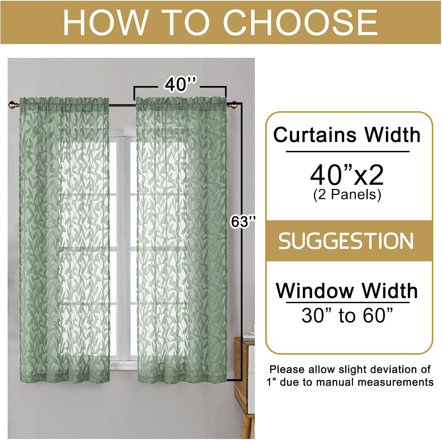 OWENIE Leyna 2 Panels Sage Green Sheer Curtains 63 Inch Length for Bedroom, Soft Lightweight Jacquard Clip Window Curtain for Living Room, Double Rod Pockets Textured Drapes, Each 40Wx63L Inches
