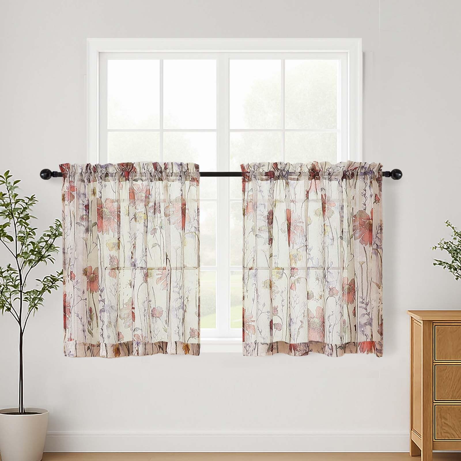 Lecloud Crushed Sheer Curtains 84 Inches Long 2 Panels, Airy Light Filtering Voile Floral Curtains for Living Room, Rod Pocket Romantic Window Curtain Drapes for Bedroom Dining Room, 42" W x 84" L