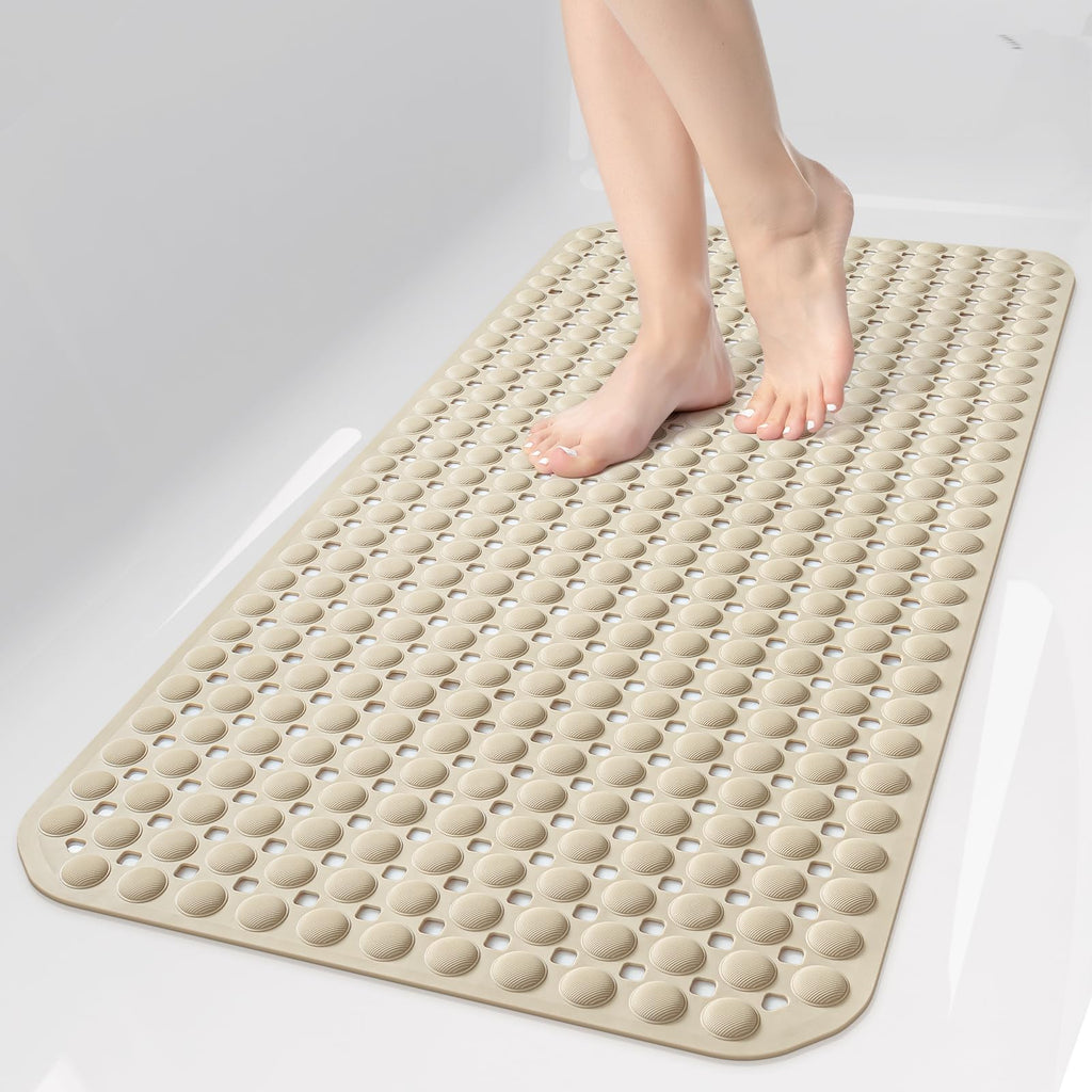 35x16 Inch Grey Non Slip Bathtub Shower Mat with Suction Cups Drain Holes Foot Scrubber Machine Washable Bathroom Floor Liner