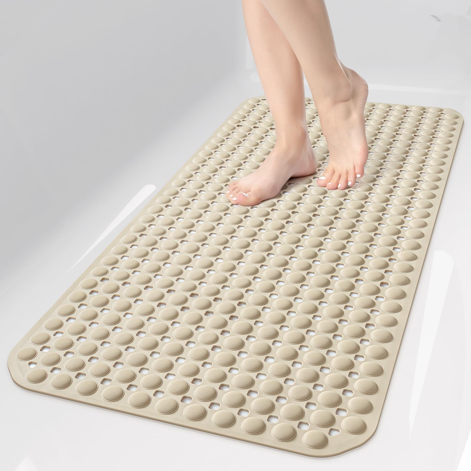 35x16 Inch Grey Non Slip Bathtub Shower Mat with Suction Cups Drain Holes Foot Scrubber Machine Washable Bathroom Floor Liner
