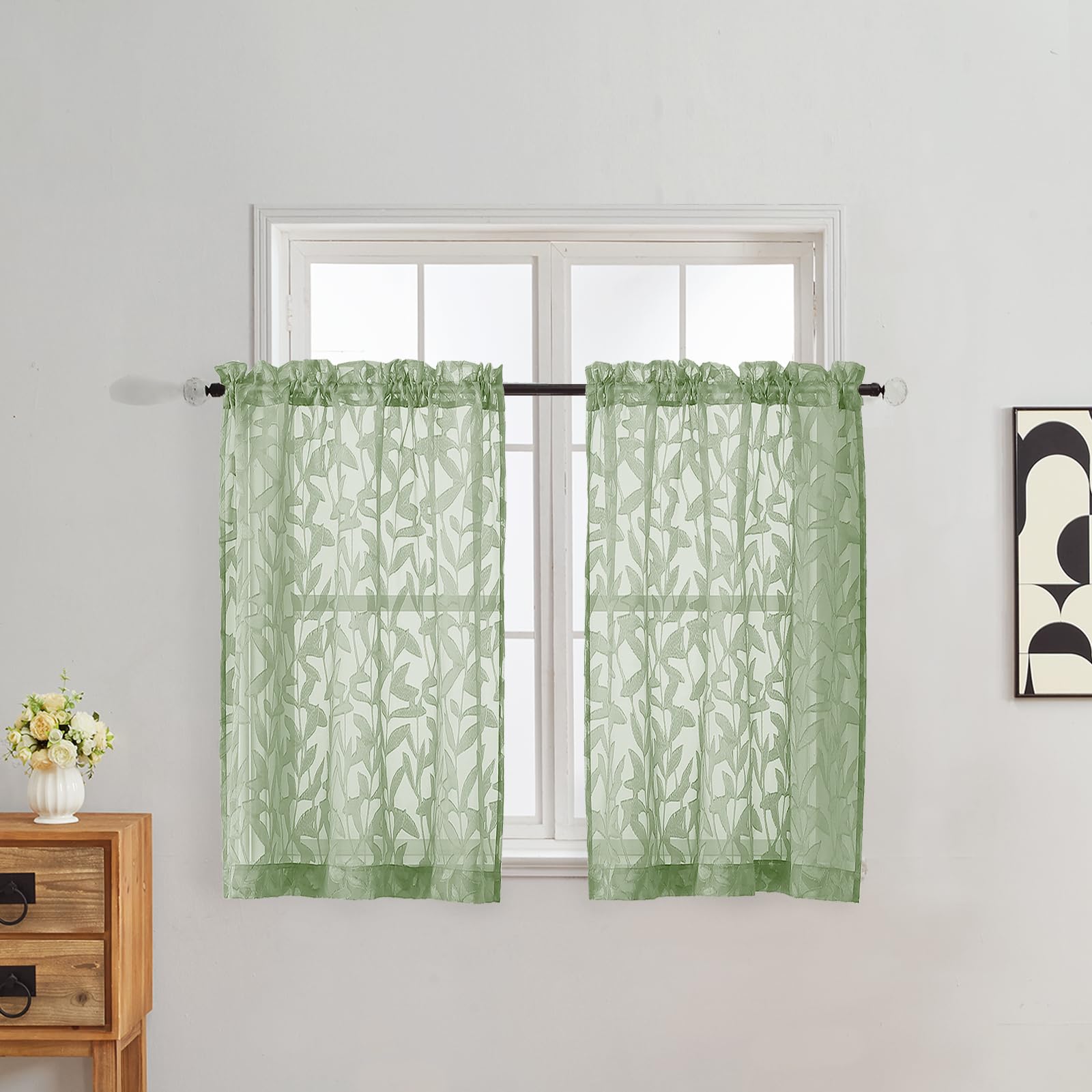 Gwine Sage Green Curtains 84 Inches Long 2 Panels Set, Light Filtering Soft Lightweight Sheer Curtains, Leaf Clip Jacquard Textured Curtain for Bedroom Living Room, 42Wx84L Inches, 2PCS