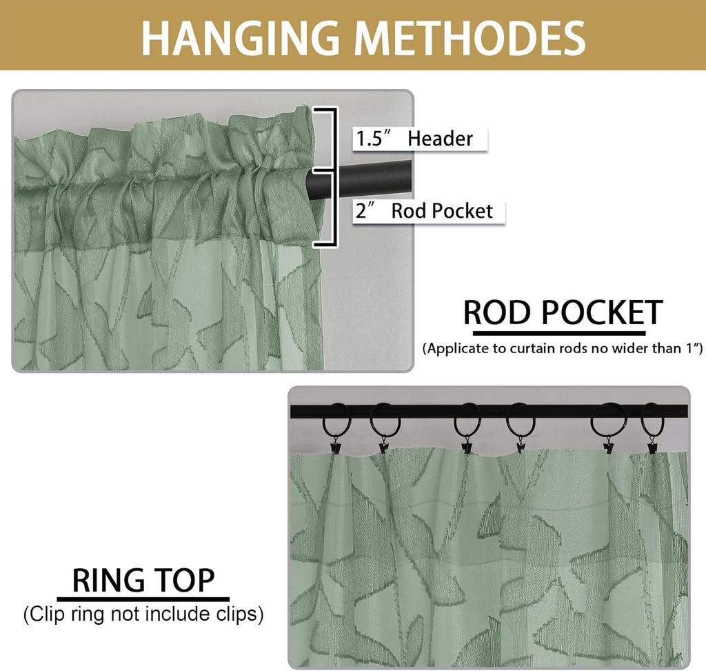 OWENIE Leyna 2 Panels Sage Green Sheer Curtains 63 Inch Length for Bedroom, Soft Lightweight Jacquard Clip Window Curtain for Living Room, Double Rod Pockets Textured Drapes, Each 40Wx63L Inches