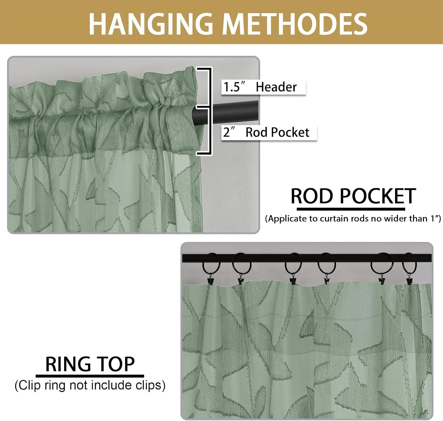 OWENIE Leyna 2 Panels Sage Green Sheer Curtains 63 Inch Length for Bedroom, Soft Lightweight Jacquard Clip Window Curtain for Living Room, Double Rod Pockets Textured Drapes, Each 40Wx63L Inches