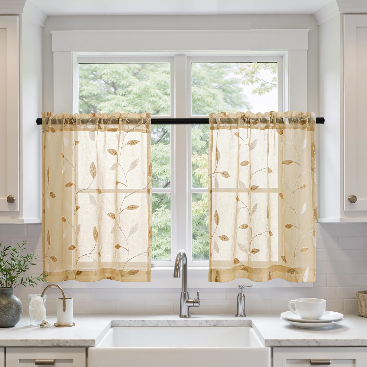 MIULEE Sage Green Sheer Curtains 2 Panels Embroidered Leaf Patterned Rod Pocket Floral Semi Sheer Faux Linen Window Curtains Drapes Set for Living Room Bedroom Dining Room, 52x84 Inches Long