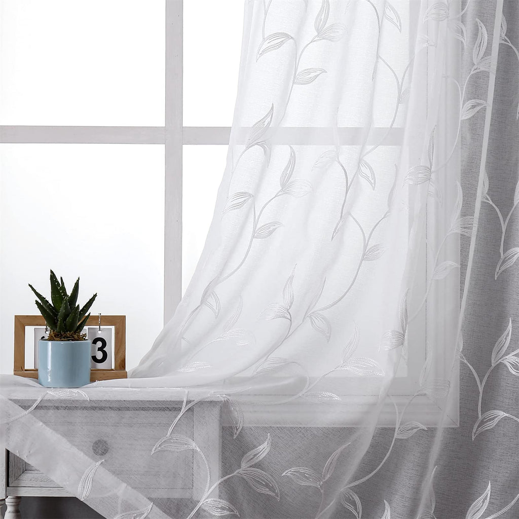 VISIONTEX 2 Panels Sheer Curtains 84 Inches Long, Cream Beige Floral Leaf Embroidered Semi Sheer Voile Curtains, Rod Pocket Light Filtering Window Drapes for Bedroom Living Room 54W x 84L
