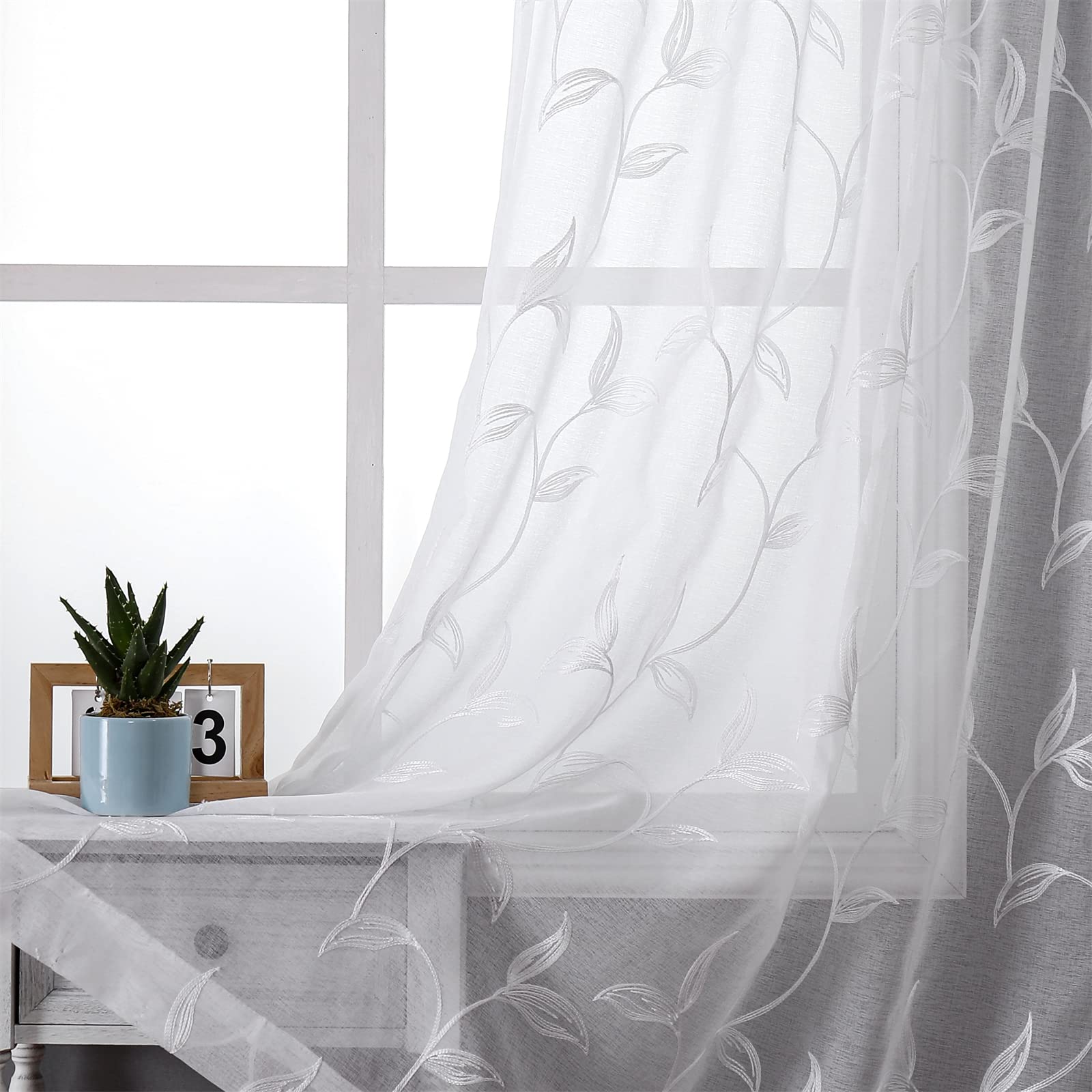 VISIONTEX 2 Panels Sheer Curtains 84 Inches Long, Cream Beige Floral Leaf Embroidered Semi Sheer Voile Curtains, Rod Pocket Light Filtering Window Drapes for Bedroom Living Room 54W x 84L
