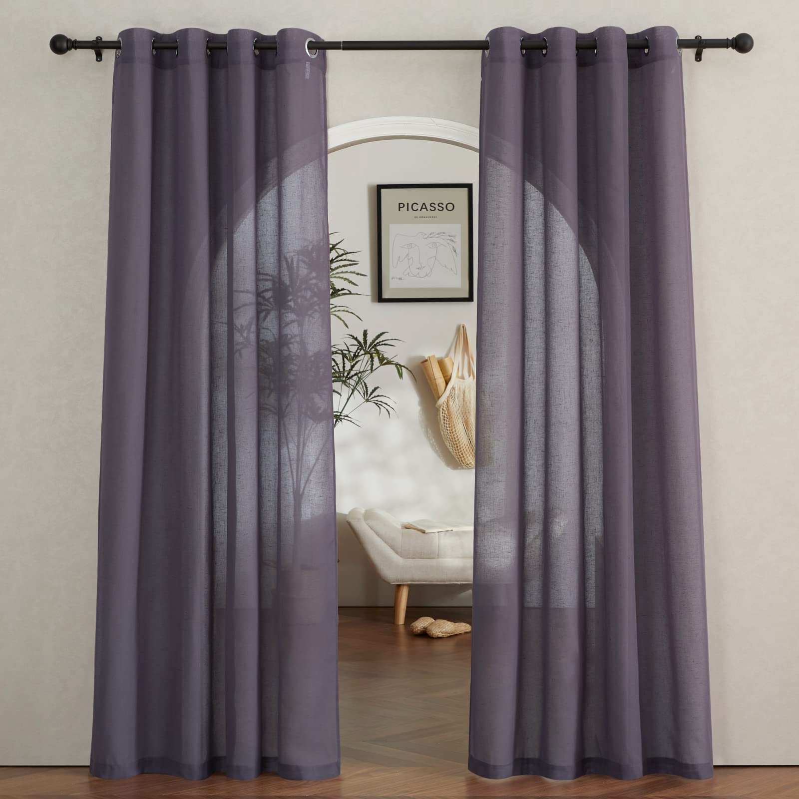 NICETOWN Linen Textured Semi Sheer Curtains 84 inches Length, Eyelet Top Bedroom Window Privacy Translucent Light Filtering Flax Sheer Drapes for Guest Room, 52 inches Wide, 2 Panels, Sea Mist