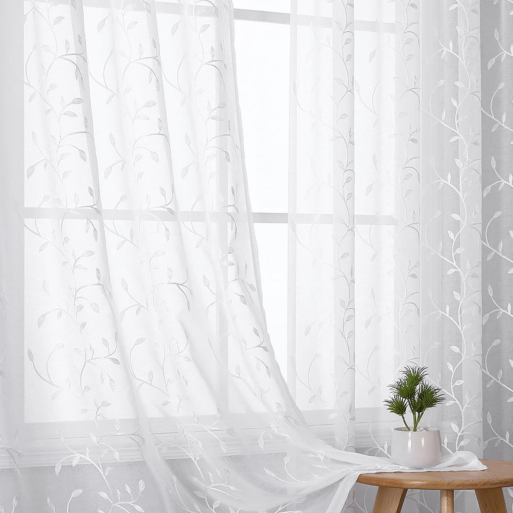 VISIONTEX 2 Panels Sheer Curtains 84 Inches Long, Cream Beige Floral Leaf Embroidered Semi Sheer Voile Curtains, Rod Pocket Light Filtering Window Drapes for Bedroom Living Room 54W x 84L