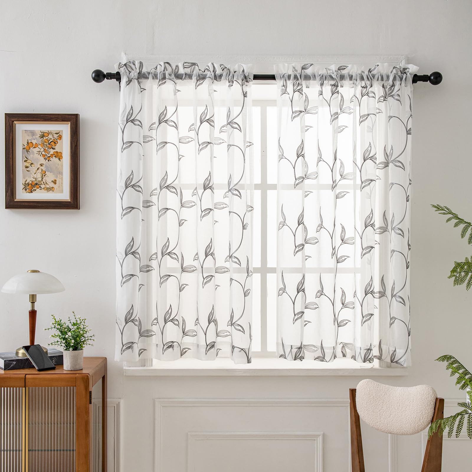 VISIONTEX 2 Panels Sheer Curtains 84 Inches Long, Cream Beige Floral Leaf Embroidered Semi Sheer Voile Curtains, Rod Pocket Light Filtering Window Drapes for Bedroom Living Room 54W x 84L