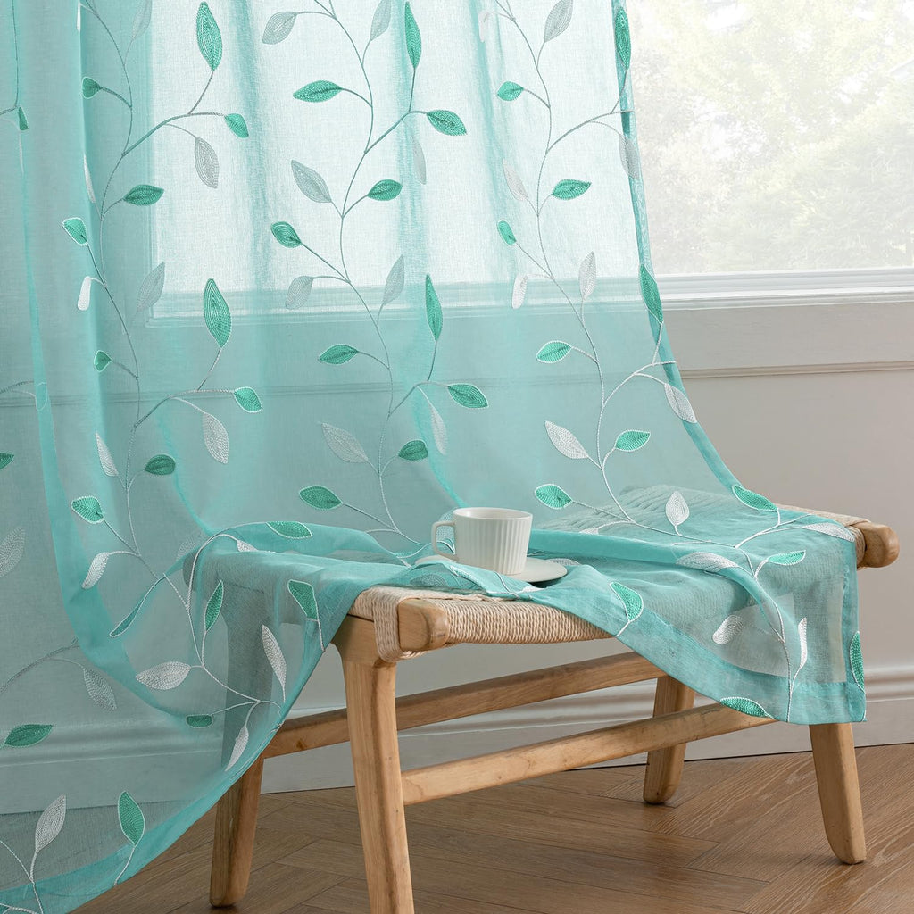 MIULEE Sage Green Sheer Curtains 2 Panels Embroidered Leaf Patterned Rod Pocket Floral Semi Sheer Faux Linen Window Curtains Drapes Set for Living Room Bedroom Dining Room, 52x84 Inches Long