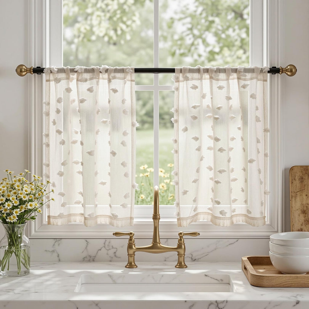 2 Panels 52"W x 84"L Dusty Rose Pom Pom Sheer Curtains Rod Pocket Light Filtering Boho Window Drapes for Girls Bedroom Nursery Kids Room