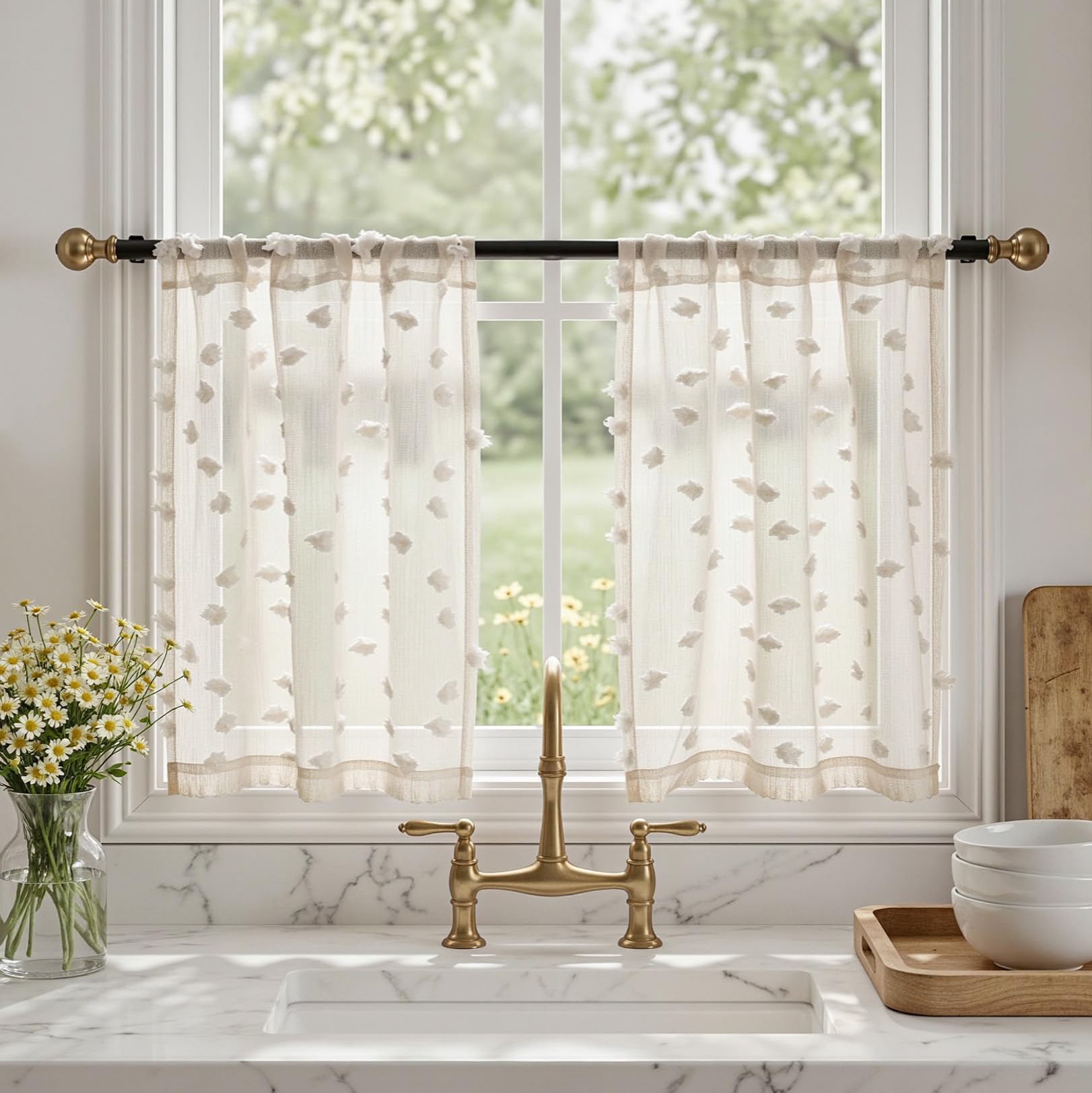 2 Panels 52"W x 84"L Dusty Rose Pom Pom Sheer Curtains Rod Pocket Light Filtering Boho Window Drapes for Girls Bedroom Nursery Kids Room
