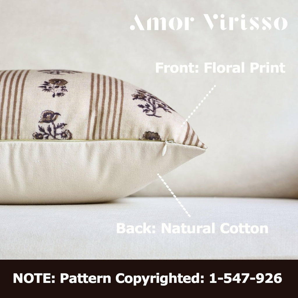 Amor Virisso Farmhouse Floral Throw Pillow Covers 18x18 Set of 2 Block Print Pillow Covers Neutral Boho Floral Striped Decorative Pillow Covers for Sofa Couch Bed, Brown