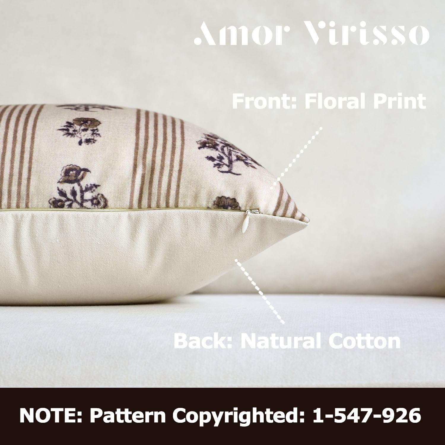 Amor Virisso Farmhouse Floral Throw Pillow Covers 18x18 Set of 2 Block Print Pillow Covers Neutral Boho Floral Striped Decorative Pillow Covers for Sofa Couch Bed, Brown