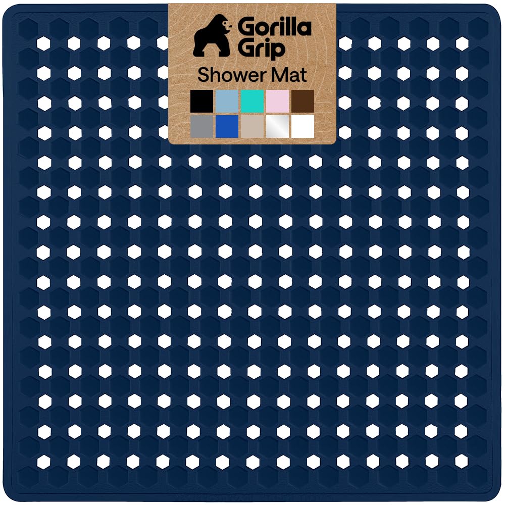 GORILLA GRIP Patented Bath Tub Shower Mat, Machine Washable Bathtub Floor Liner Mats, Suction Cups and Drain Holes to Keep Tubs Clean, Soft on Feet, Bathroom Essentials, 35x16 Inch, Clear