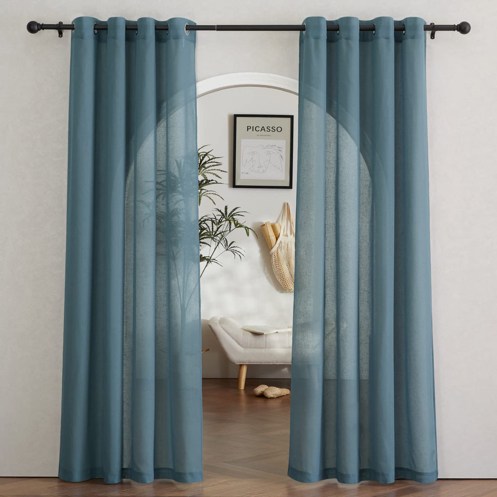 NICETOWN Linen Textured Semi Sheer Curtains 84 inches Length, Eyelet Top Bedroom Window Privacy Translucent Light Filtering Flax Sheer Drapes for Guest Room, 52 inches Wide, 2 Panels, Sea Mist