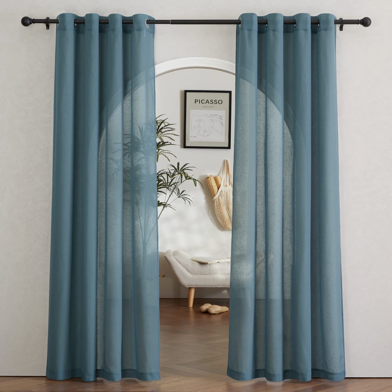 NICETOWN Linen Textured Semi Sheer Curtains 84 inches Length, Eyelet Top Bedroom Window Privacy Translucent Light Filtering Flax Sheer Drapes for Guest Room, 52 inches Wide, 2 Panels, Sea Mist