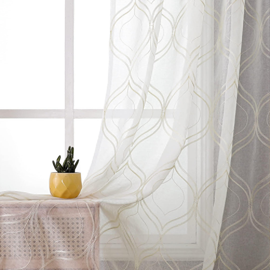 VISIONTEX White Sheer Curtains 84 Inches Long 2 Panels, Light Filtering Grey Moroccan Trellis Embroidered Semi Sheer Voile Drapes, Rod Pocket Textured Window Curtain for Bedroom Living Room 54W x 84L