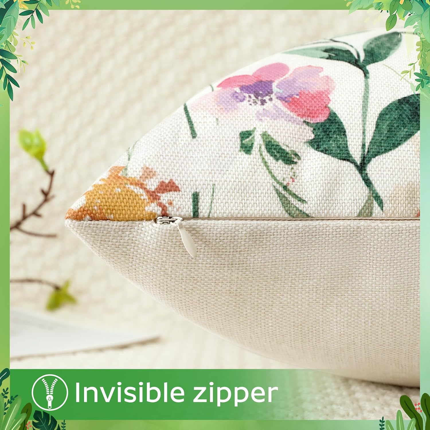 Artscope Spring Summer Floral Throw Pillow Covers 18x18 Inch Set of 2, Farmhouse Flower Butterfly Print Decorative Pillow Cases for Sofa Bed Room Home Decor- Flower A
