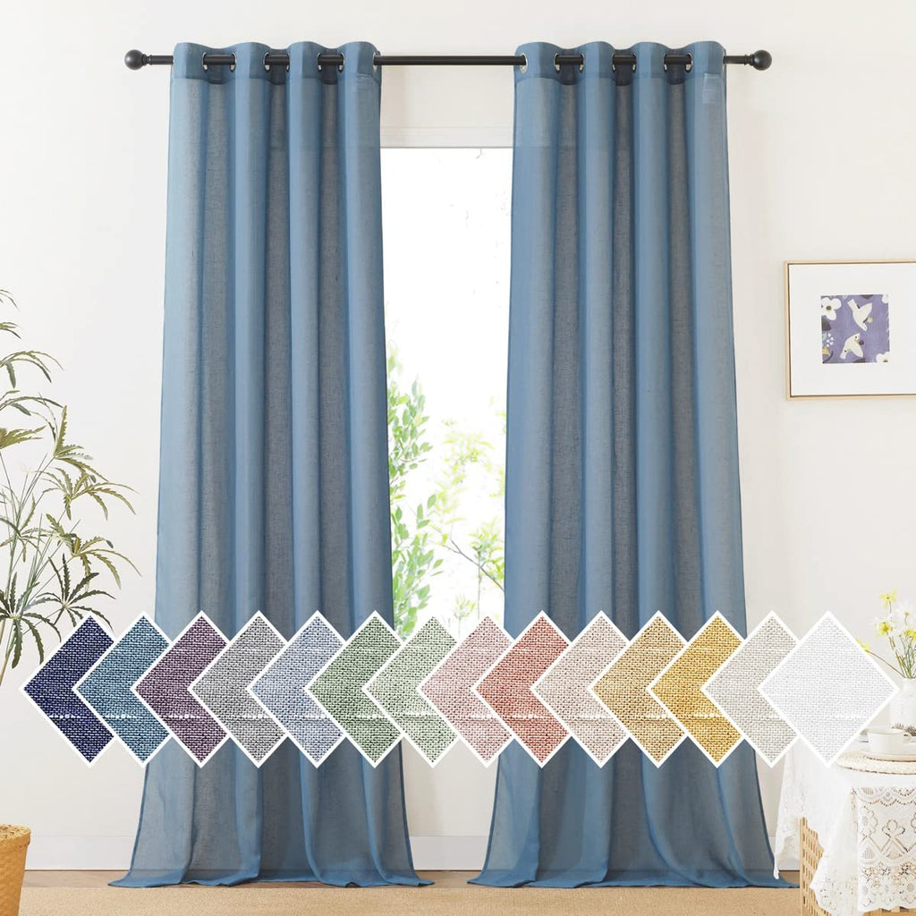 NICETOWN Linen Textured Semi Sheer Curtains 84 inches Length, Eyelet Top Bedroom Window Privacy Translucent Light Filtering Flax Sheer Drapes for Guest Room, 52 inches Wide, 2 Panels, Sea Mist