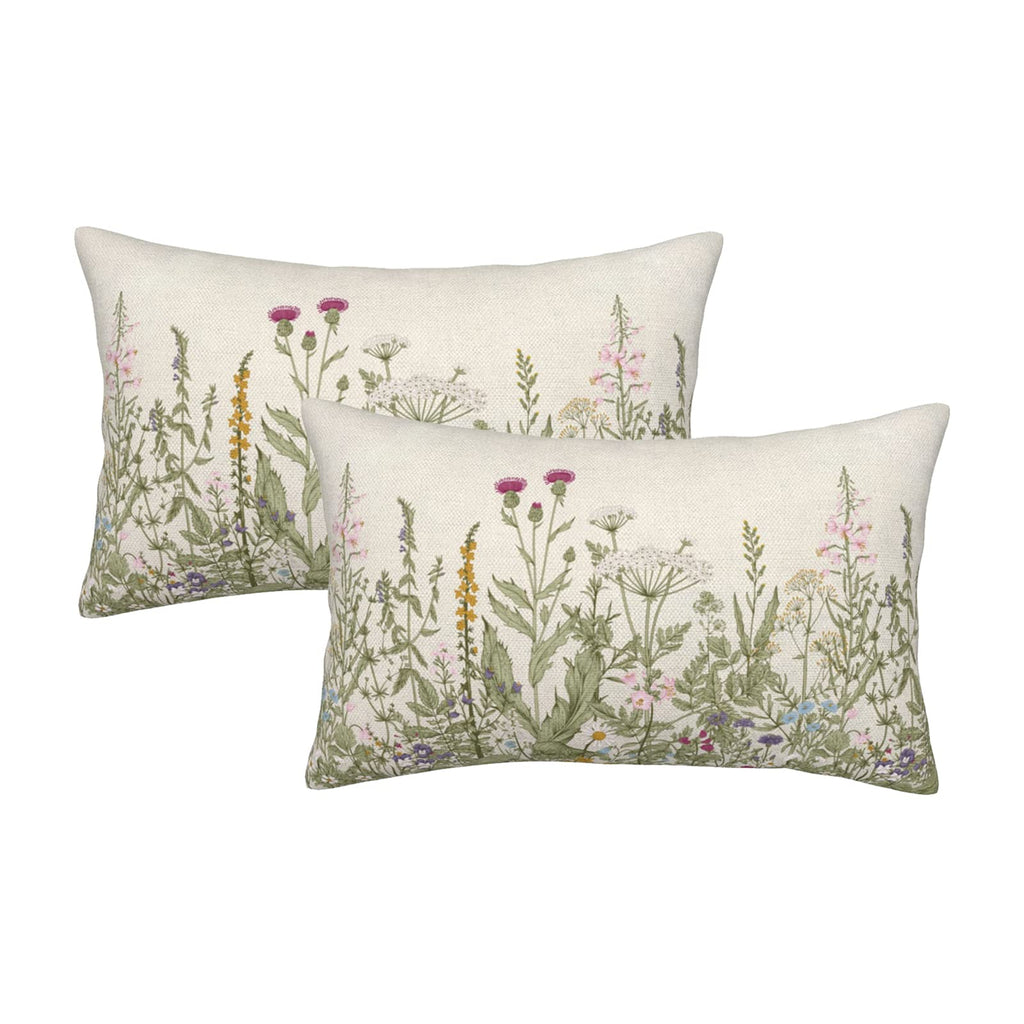AEIOAE Spring Pillow Covers 18x18 Inch Set of 2,Sage Green Wild Flower Plant Throw Pillows Case,Seasonal Floral Outdoor Decorative Square Linen Farmhouse Decor Cushion Covers for Home Sofa Bed Couch