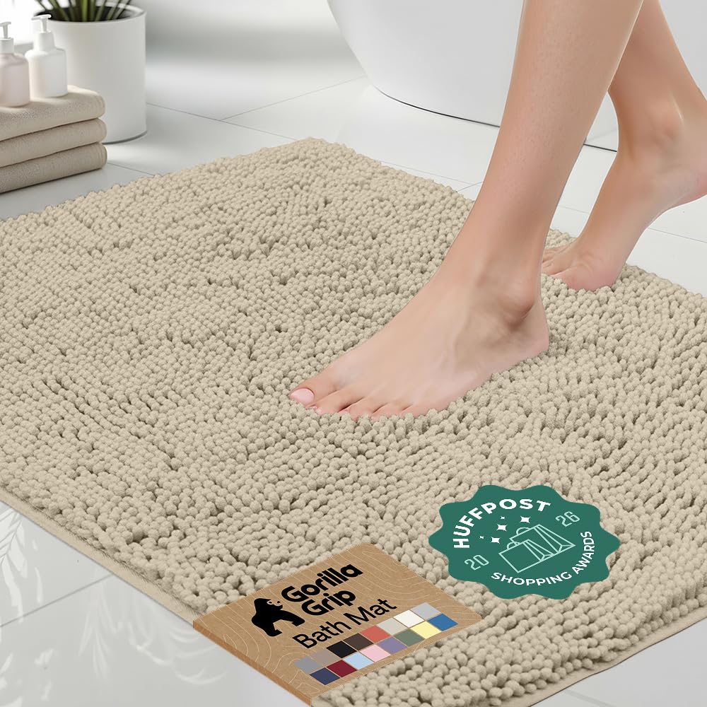 GORILLA GRIP Bath Rug Mat, Thick Soft Absorbent Chenille, Quick Dry Microfiber Mats, Rubber Backing, Machine Washable Shower Floor Rugs, Bathroom Bathmat Home Decor Accessories, 24x17 Grey