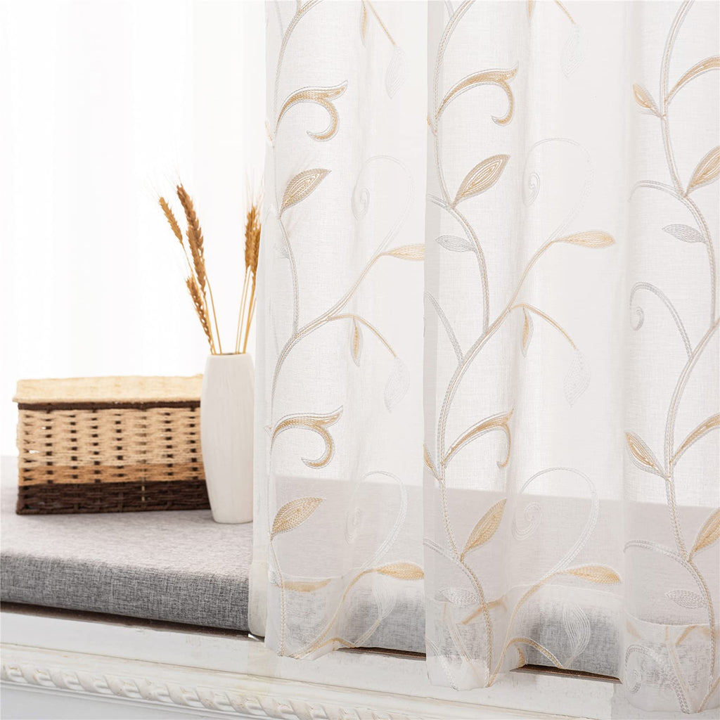 VISIONTEX 2 Panels Sheer Curtains 84 Inches Long, Cream Beige Floral Leaf Embroidered Semi Sheer Voile Curtains, Rod Pocket Light Filtering Window Drapes for Bedroom Living Room 54W x 84L
