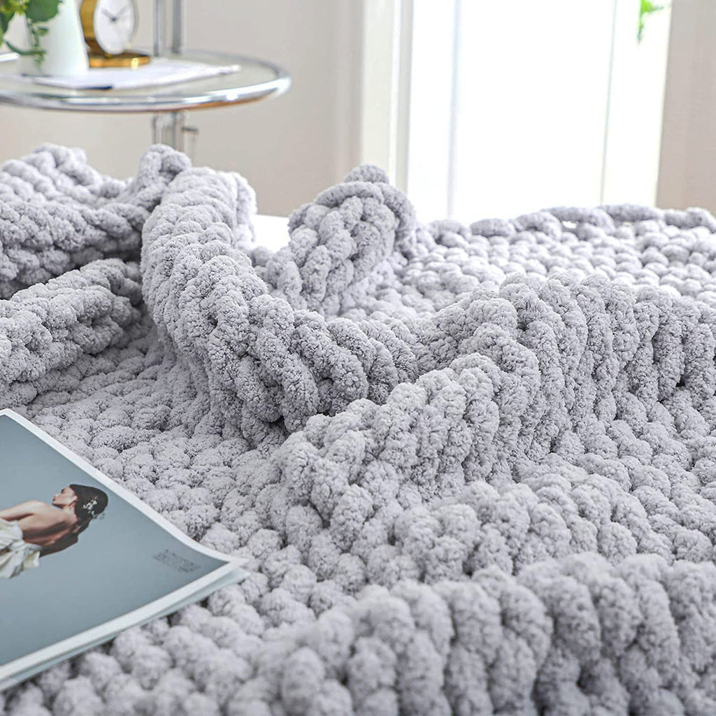 Bigacogo Chunky Knit Throw Blanket for Couch, 40x40 inches, 100% Hand Knitted with Thick Jumbo Chenille Yarn, Cozy Soft Large Rope Knot Cable Crochet Blankets for Sofa Bed Living Room, Dusty Blue