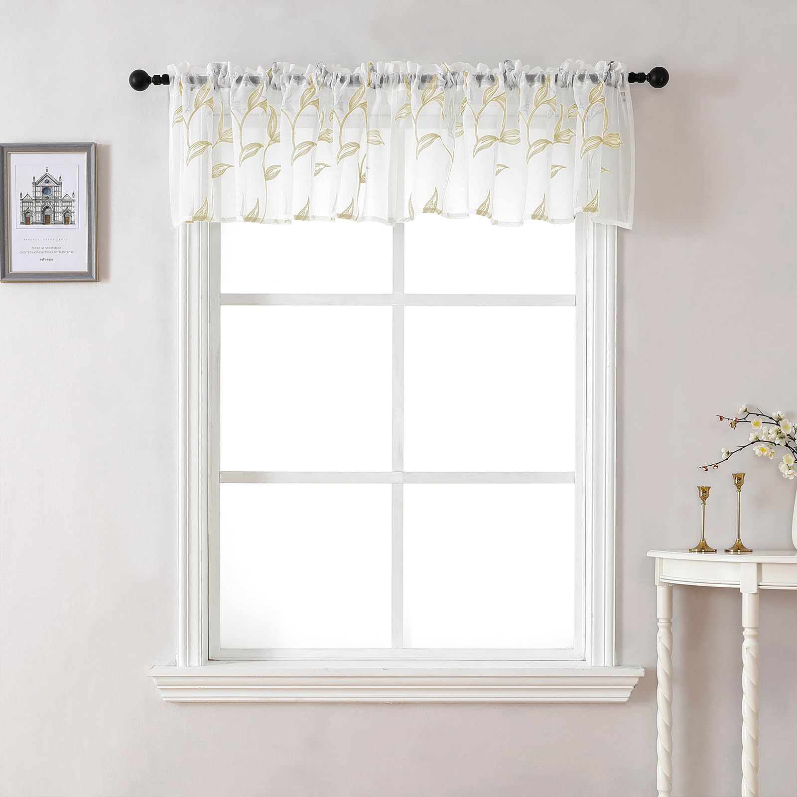 VISIONTEX 2 Panels Sheer Curtains 84 Inches Long, Cream Beige Floral Leaf Embroidered Semi Sheer Voile Curtains, Rod Pocket Light Filtering Window Drapes for Bedroom Living Room 54W x 84L