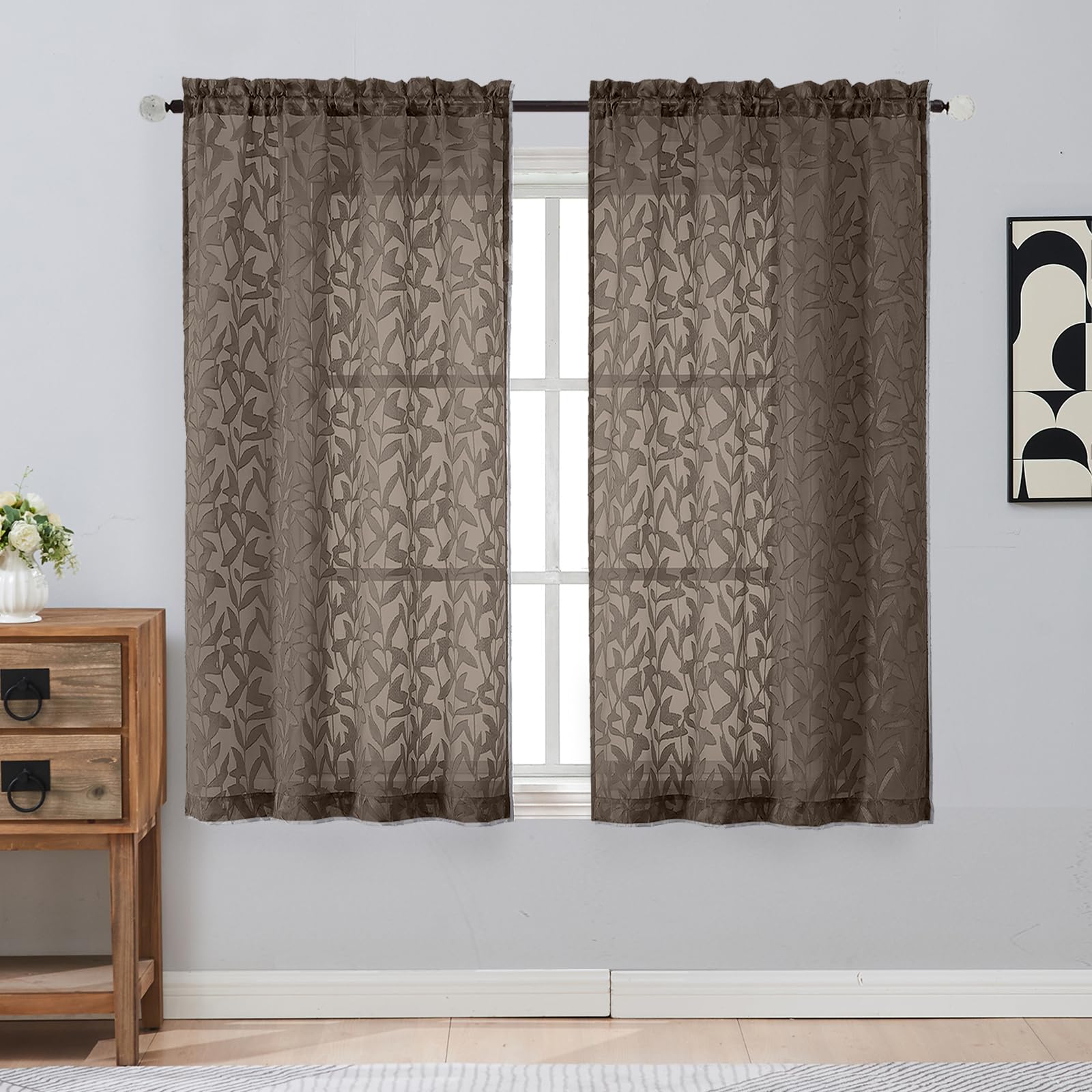 Gwine Sage Green Curtains 84 Inches Long 2 Panels Set, Light Filtering Soft Lightweight Sheer Curtains, Leaf Clip Jacquard Textured Curtain for Bedroom Living Room, 42Wx84L Inches, 2PCS