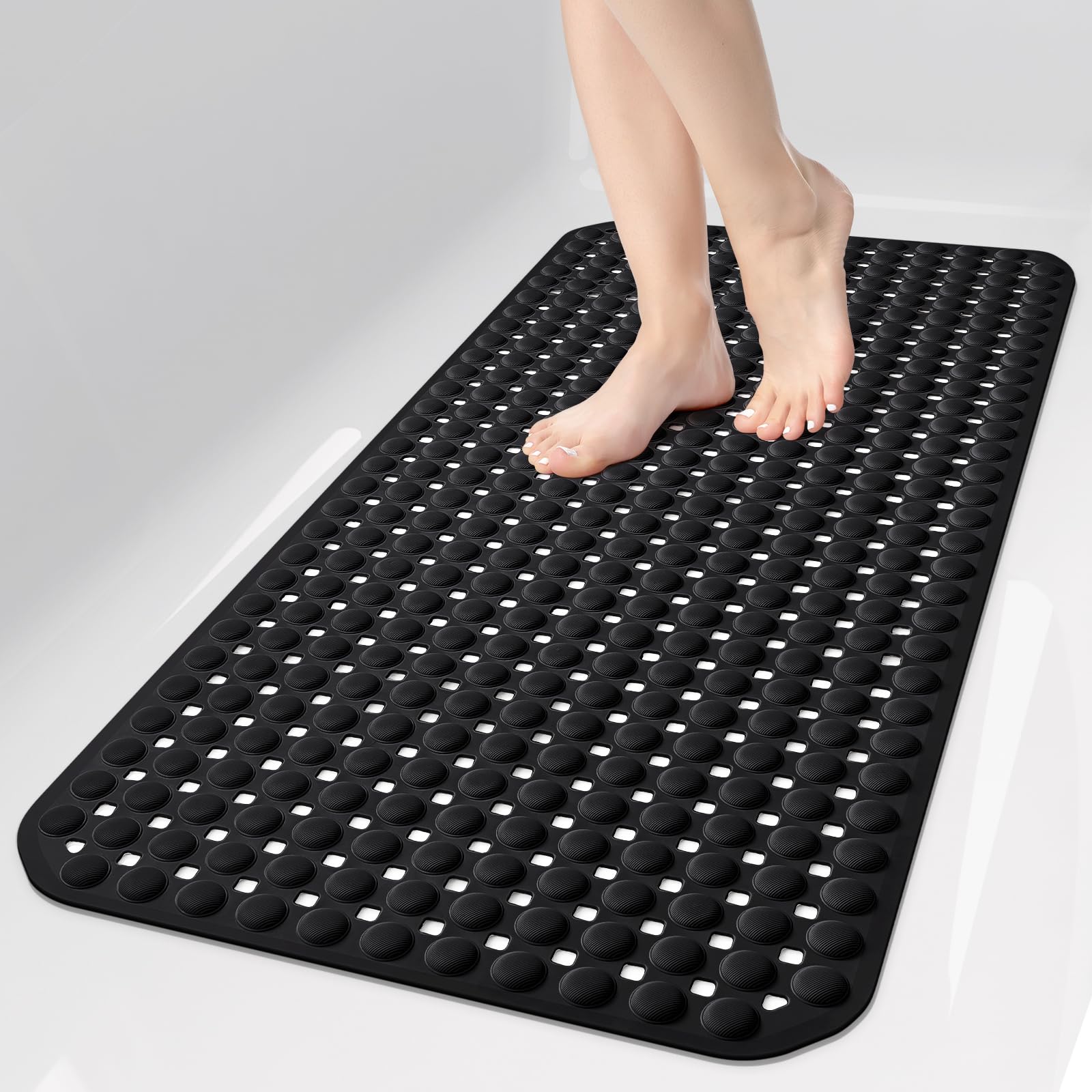 35x16 Inch Grey Non Slip Bathtub Shower Mat with Suction Cups Drain Holes Foot Scrubber Machine Washable Bathroom Floor Liner