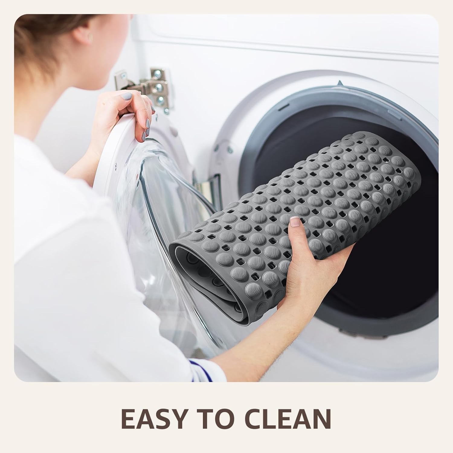 35x16 Inch Grey Non Slip Bathtub Shower Mat with Suction Cups Drain Holes Foot Scrubber Machine Washable Bathroom Floor Liner