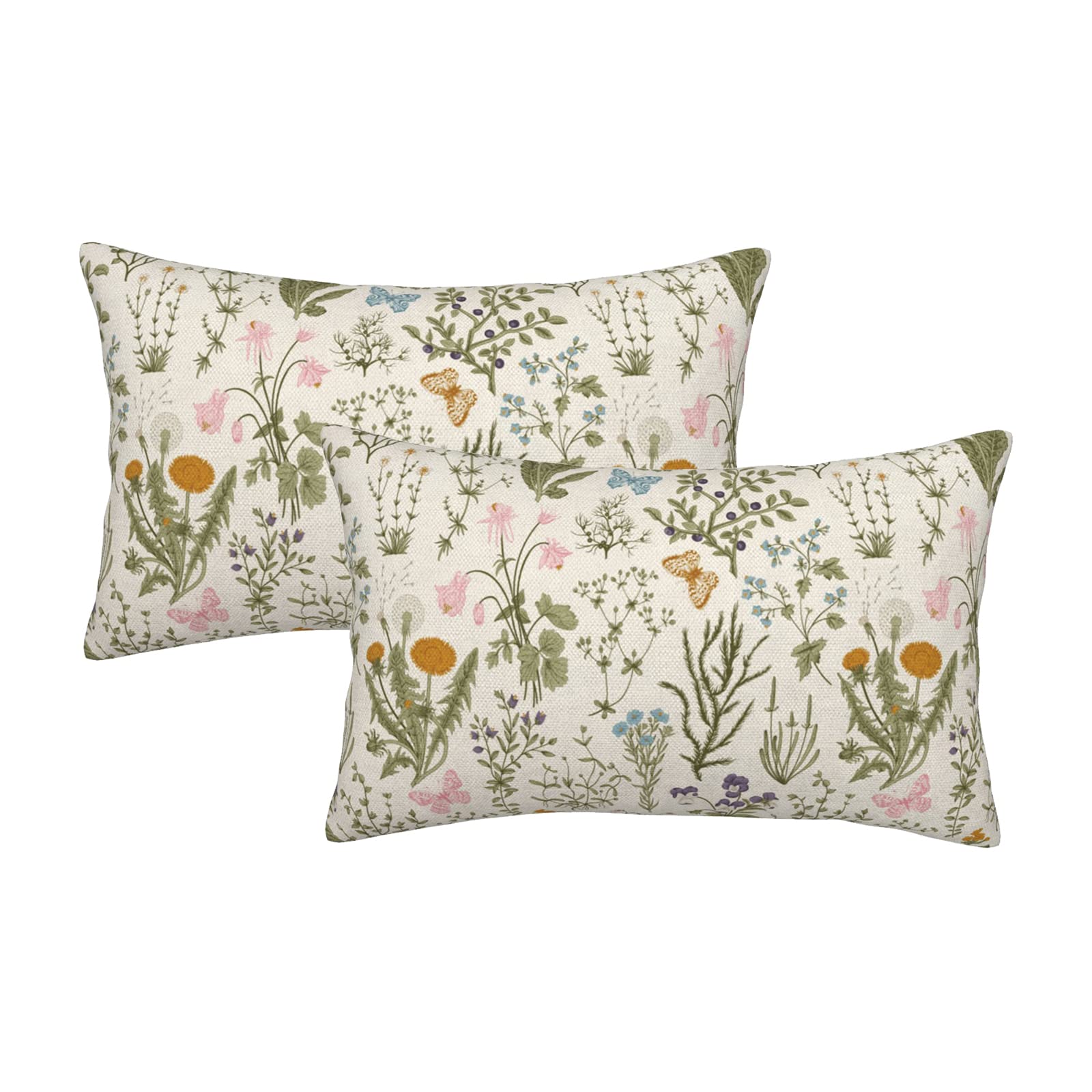 AEIOAE Spring Pillow Covers 18x18 Inch Set of 2,Sage Green Wild Flower Plant Throw Pillows Case,Seasonal Floral Outdoor Decorative Square Linen Farmhouse Decor Cushion Covers for Home Sofa Bed Couch