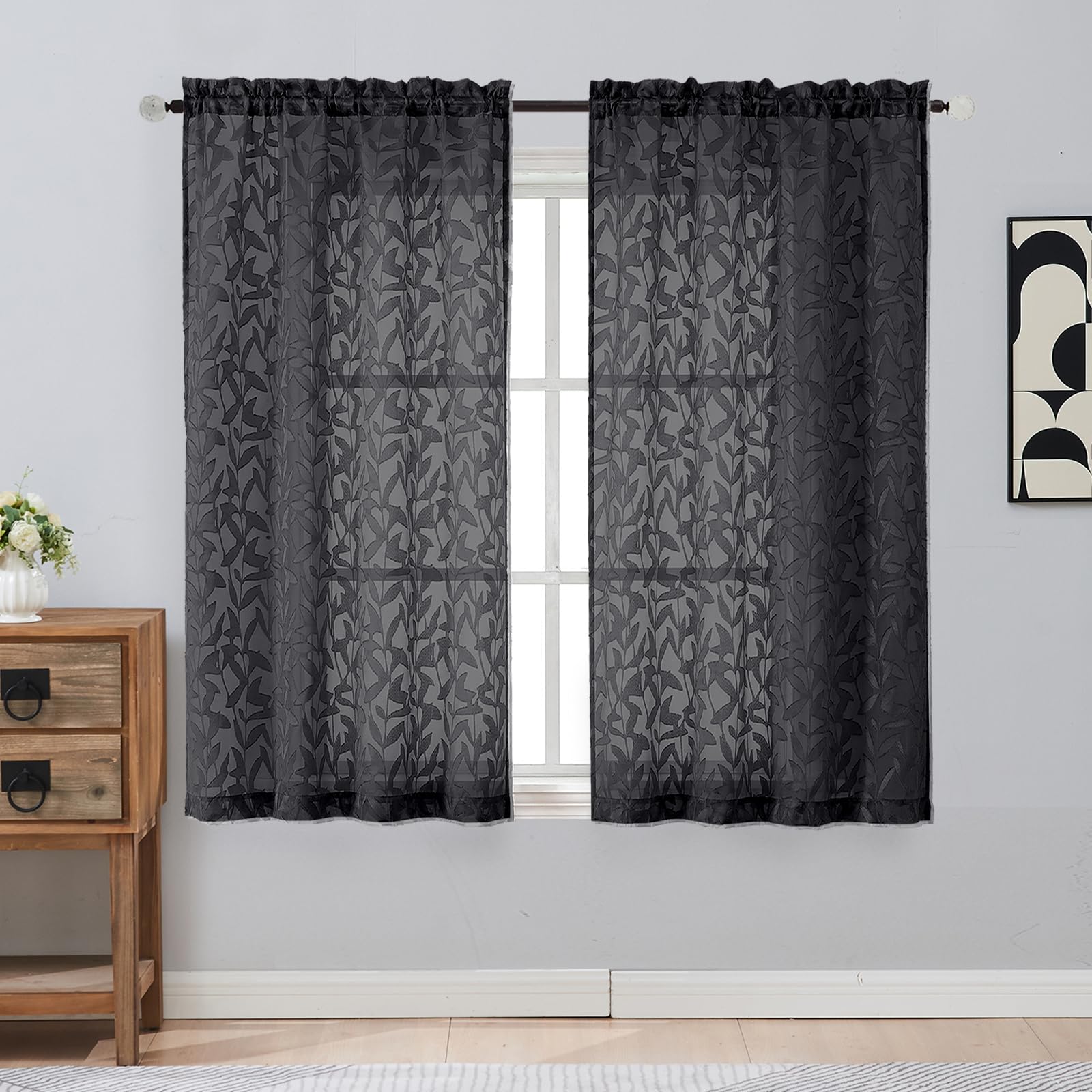 Gwine Sage Green Curtains 84 Inches Long 2 Panels Set, Light Filtering Soft Lightweight Sheer Curtains, Leaf Clip Jacquard Textured Curtain for Bedroom Living Room, 42Wx84L Inches, 2PCS