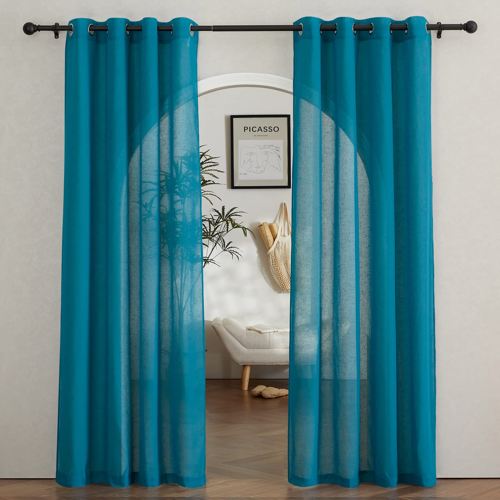 NICETOWN Linen Textured Semi Sheer Curtains 84 inches Length, Eyelet Top Bedroom Window Privacy Translucent Light Filtering Flax Sheer Drapes for Guest Room, 52 inches Wide, 2 Panels, Sea Mist