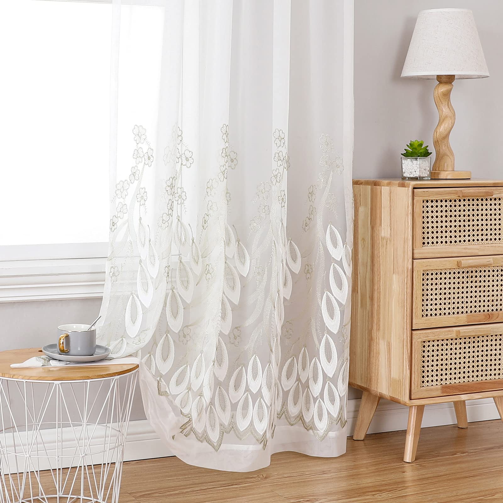 VISIONTEX 2 Panels Sheer Curtains 84 Inches Long, Cream Beige Floral Leaf Embroidered Semi Sheer Voile Curtains, Rod Pocket Light Filtering Window Drapes for Bedroom Living Room 54W x 84L