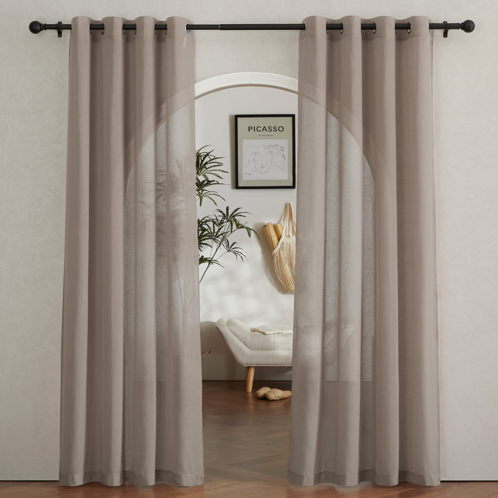 NICETOWN Linen Textured Semi Sheer Curtains 84 inches Length, Eyelet Top Bedroom Window Privacy Translucent Light Filtering Flax Sheer Drapes for Guest Room, 52 inches Wide, 2 Panels, Sea Mist