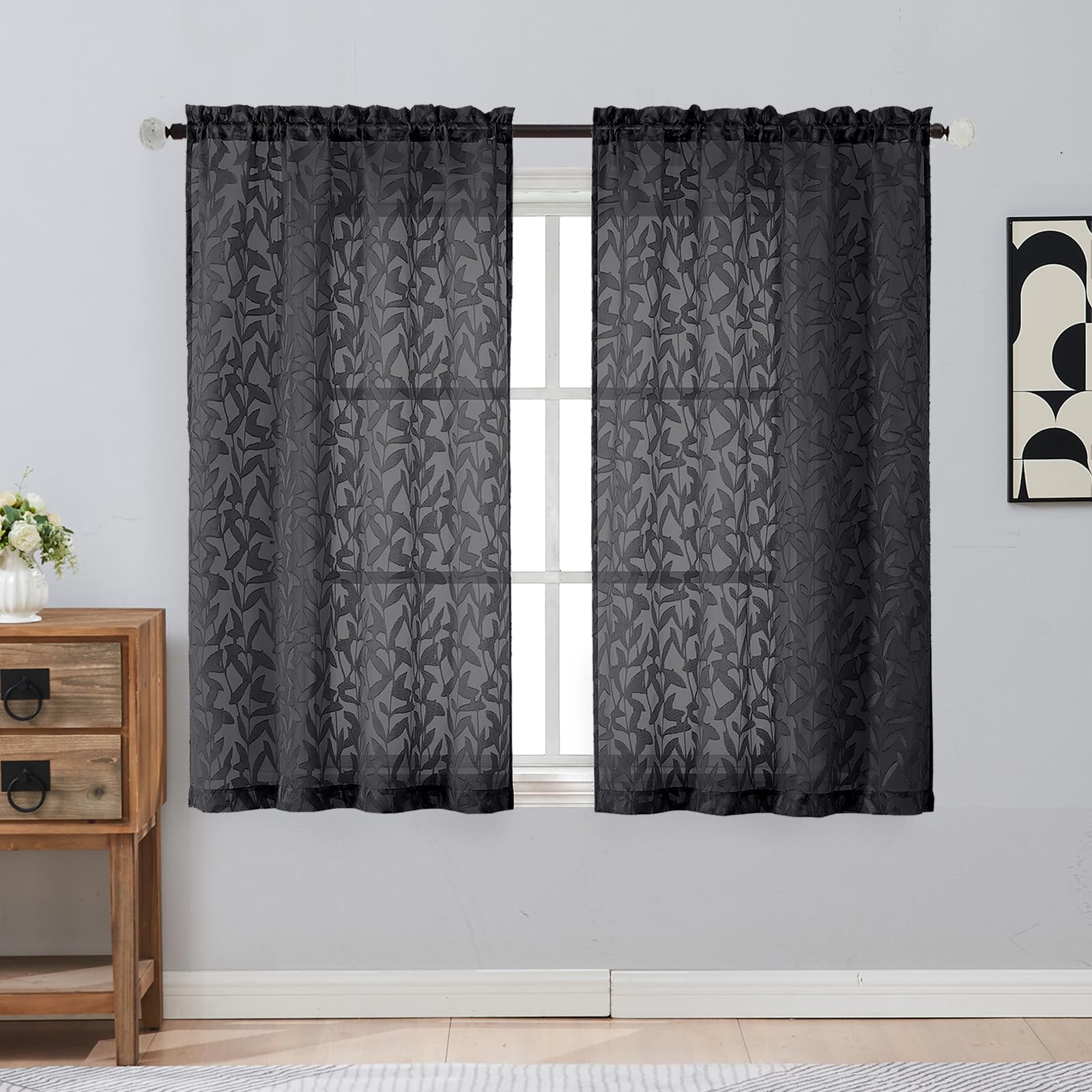 Gwine Sage Green Curtains 84 Inches Long 2 Panels Set, Light Filtering Soft Lightweight Sheer Curtains, Leaf Clip Jacquard Textured Curtain for Bedroom Living Room, 42Wx84L Inches, 2PCS